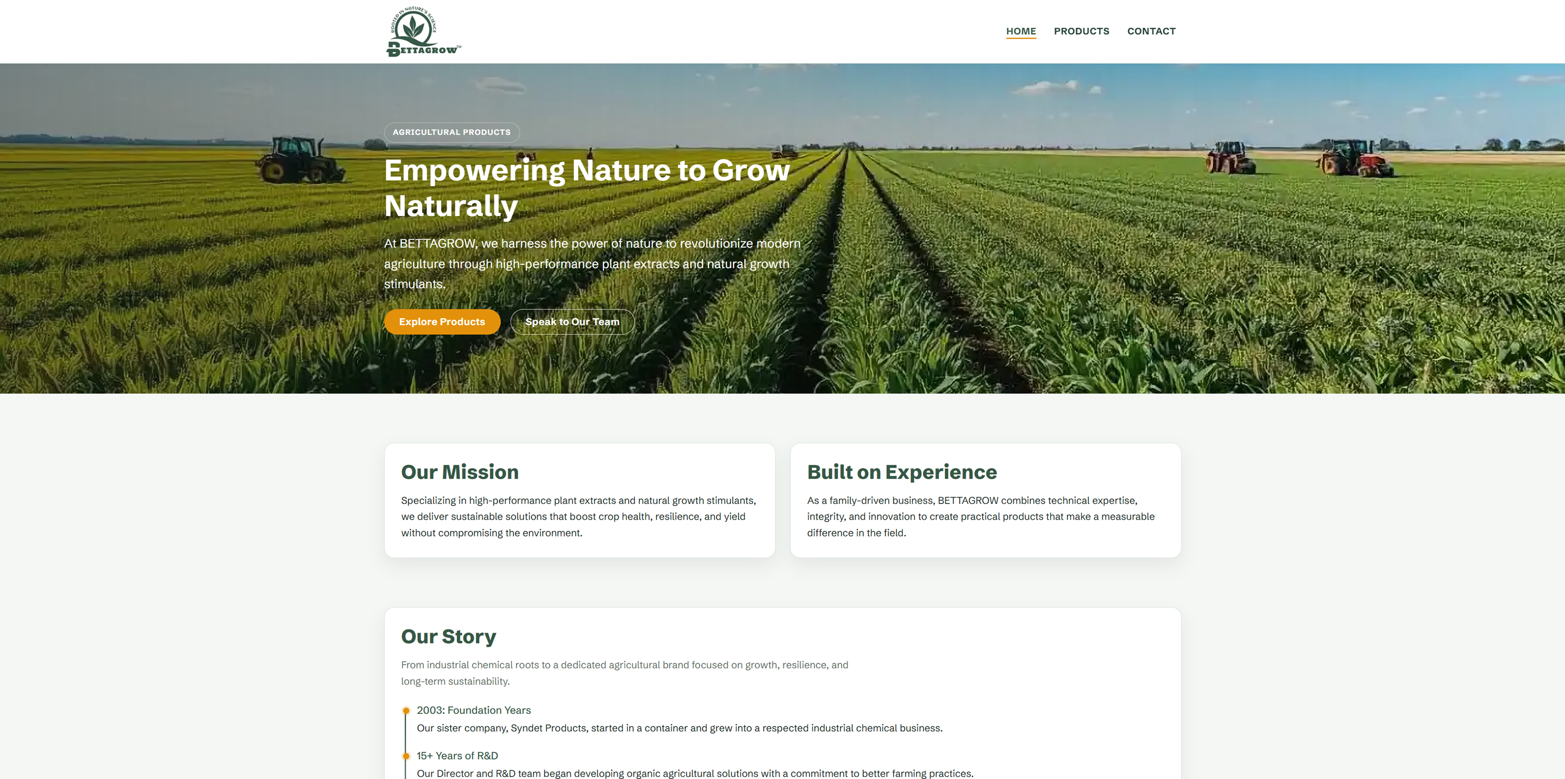Desktop screenshot of the BETTAGROW agricultural products website — brand story, product categories, and call-to-action sections