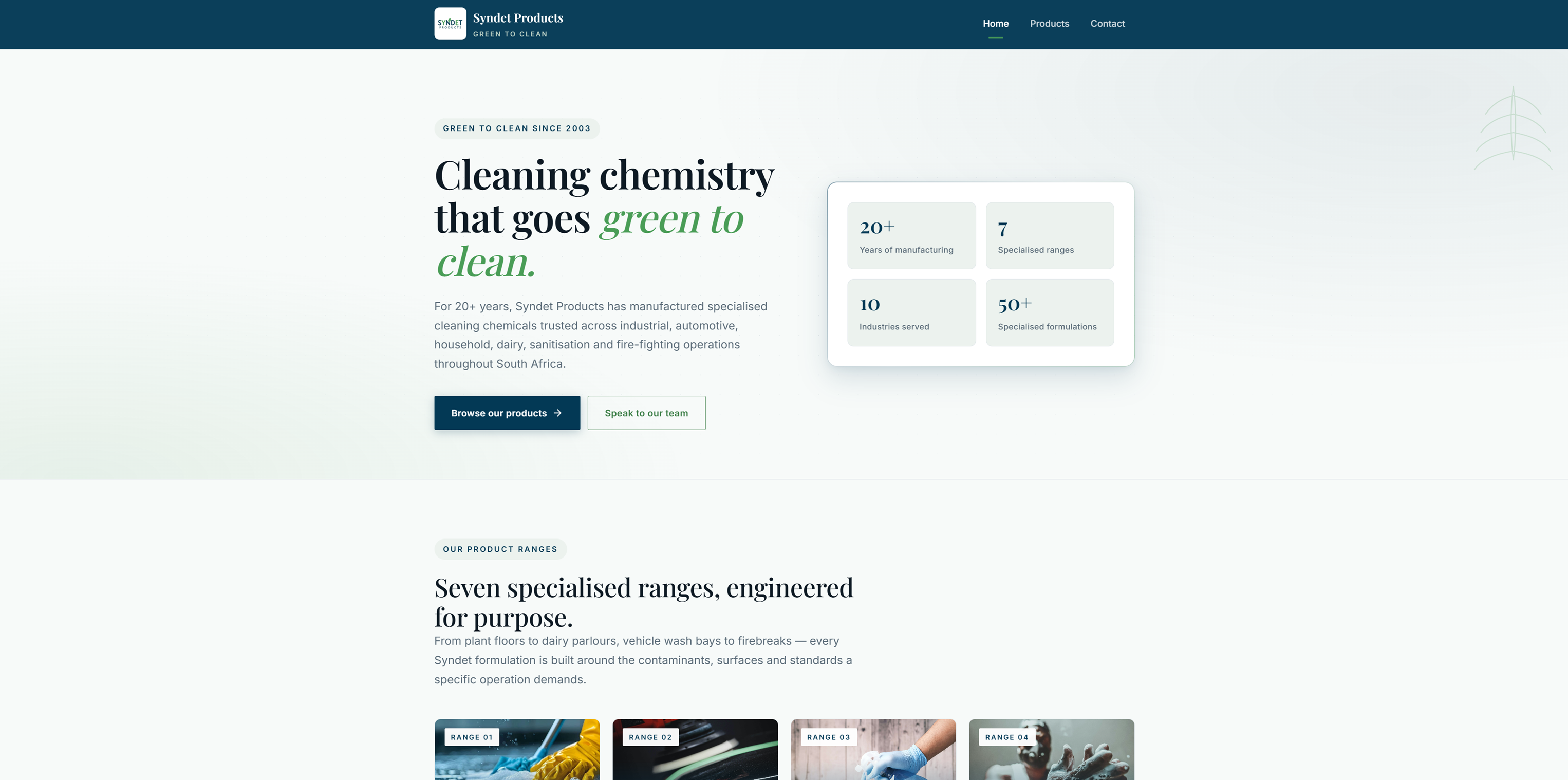 Work-in-progress desktop layout for Syndet Products — industrial cleaning brand site